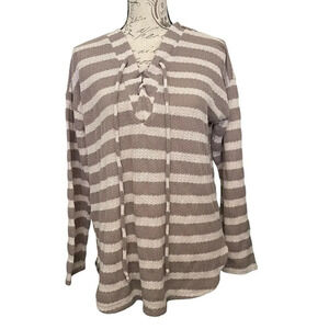 Sadie & Love Women Sweater M Taupe Striped Lace Up Knit Pullover Boho Fall Beach